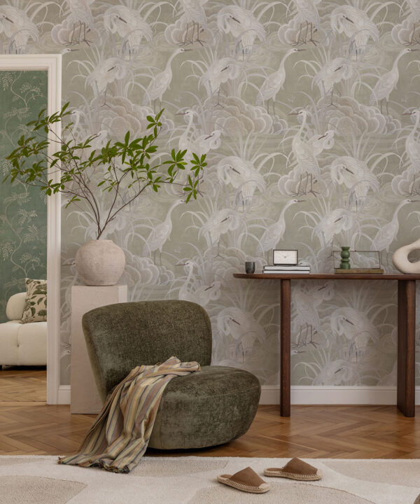 Water Birds Wallpaper - Bethany Linz - My Sydney Collection - Colourway: Beige - Insitu