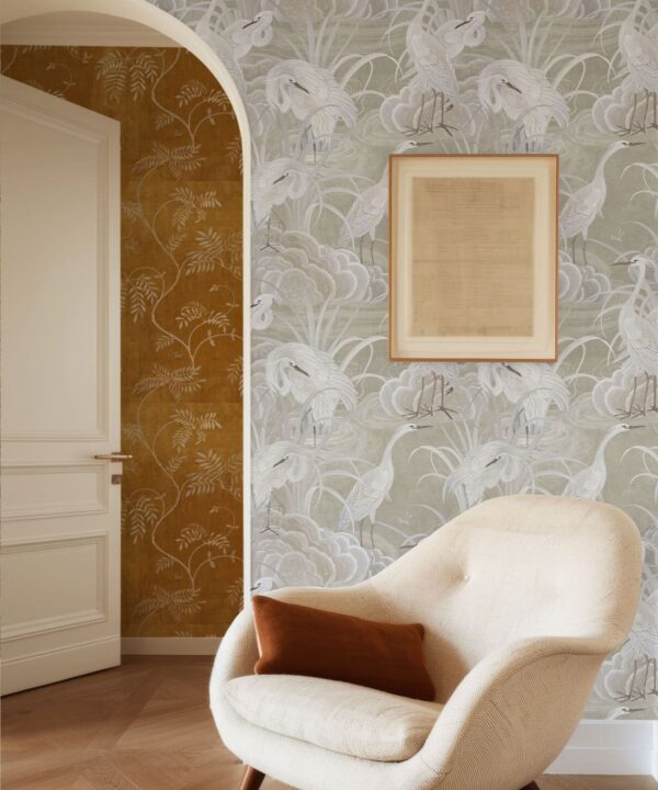 Water Birds Wallpaper - Bethany Linz - My Sydney Collection - Colourway: Beige - Insitu