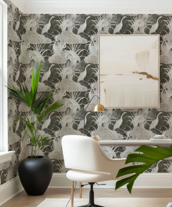 Water Birds Wallpaper - Bethany Linz - My Sydney Collection - Colourway: Charcoal - Insitu