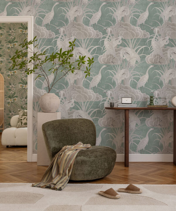 Water Birds Wallpaper - Bethany Linz - My Sydney Collection - Colourway: Duck Egg - Insitu