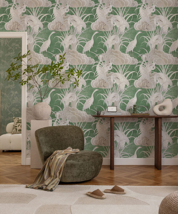 Water Birds Wallpaper - Bethany Linz - My Sydney Collection - Colourway: Emerald - Insitu