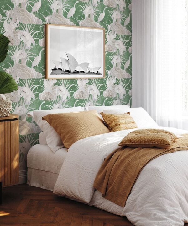 Water Birds Wallpaper - Bethany Linz - My Sydney Collection - Colourway: Emerald - Insitu