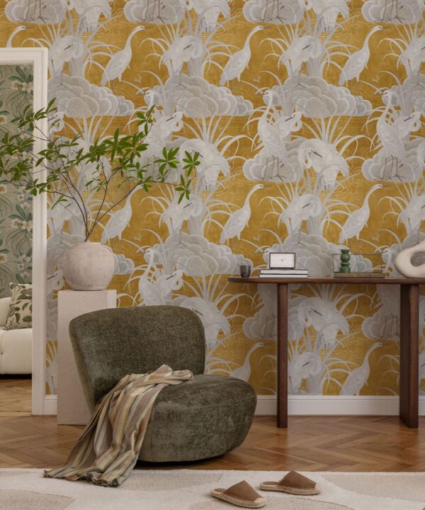 Water Birds Wallpaper - Bethany Linz - My Sydney Collection - Colourway: Gold - Insitu