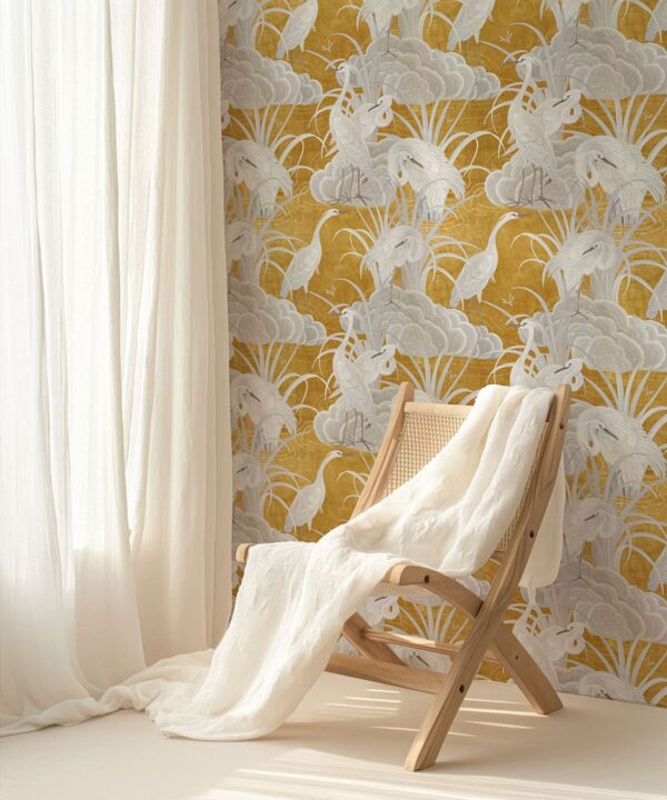 Water Birds Wallpaper - Bethany Linz - My Sydney Collection - Colourway: Gold - Insitu