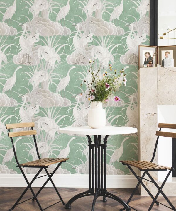 Water Birds Wallpaper - Bethany Linz - My Sydney Collection - Colourway: Mint - Insitu