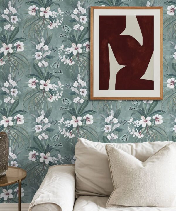 Hibiscus at Double Bay Wallpaper - Bethany Linz - My Sydney Collection - Colourway: Duck Egg - Insitu