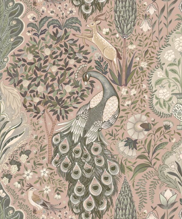 Peacock Garden Wallpaper - Palace Grove Collection - M&K Studio - Swatch - Colorway: Antique Rose