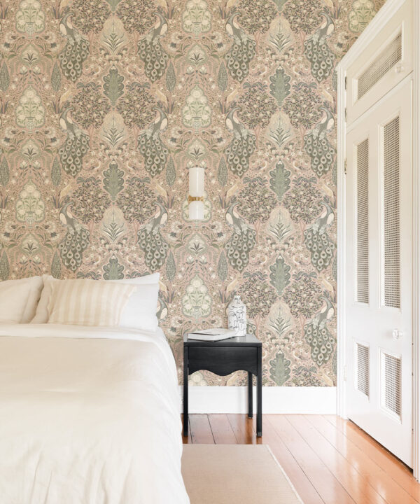 Peacock Garden Wallpaper - Palace Grove Collection - M&K Studio - Insitu - Colorway: Antique Rose