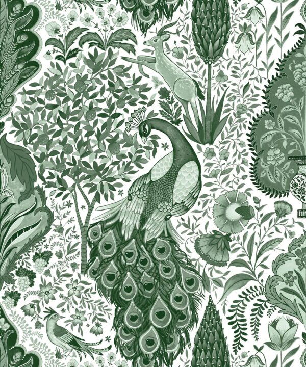 Peacock Garden Wallpaper - Palace Grove Collection - M&K Studio - Swatch - Colorway: Emerald