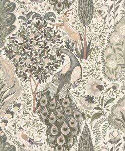 Peacock Garden Wallpaper - Palace Grove Collection - M&K Studio - Swatch - Colorway: Linen