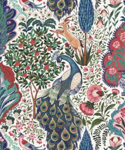 Peacock Garden Wallpaper - Palace Grove Collection - M&K Studio - Swatch - Colorway: Ruby