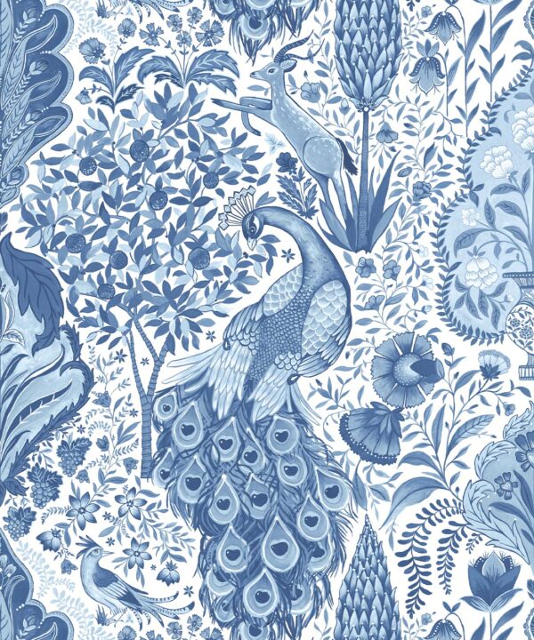 Peacock Garden Wallpaper - Palace Grove Collection - M&K Studio - Swatch - Colorway: Sapphire