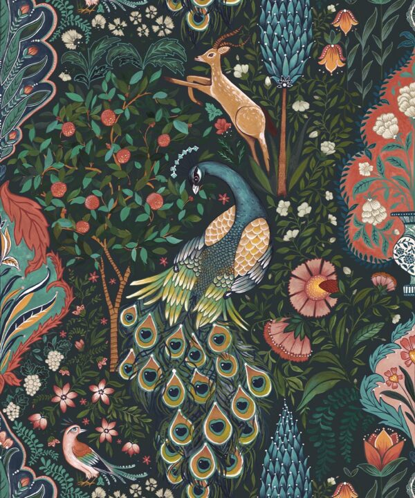 Peacock Garden Wallpaper - Palace Grove Collection - M&K Studio - Swatch - Colorway: Topaz