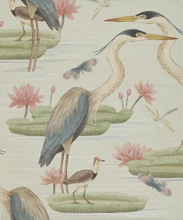 Heron, Jacana & Giant Lilypad Grasscloth Wallpaper