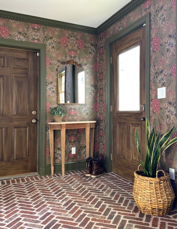 Waratah Wonderland Wallpaper in a brick and country cottage entryway