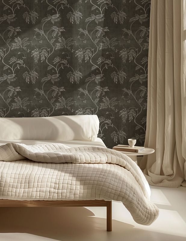 scandi bedroom with wisteria vine wallpaper