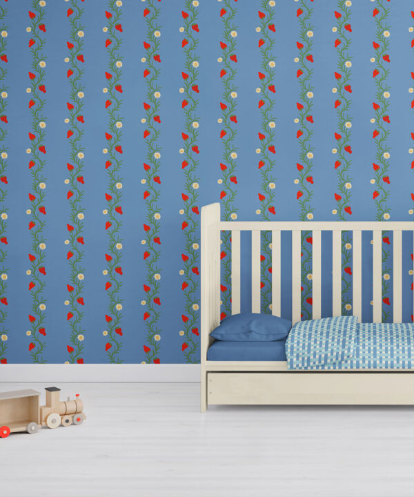 Strawberry Fields Wallpaper | Colourway: Blue & Red | Anything But Basic Collection | Gray Benko x Milton&King | Insitu