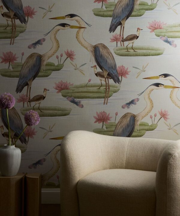 Heron, Jacana & Giant Lilypad Grasscloth Wallpaper - Image 2