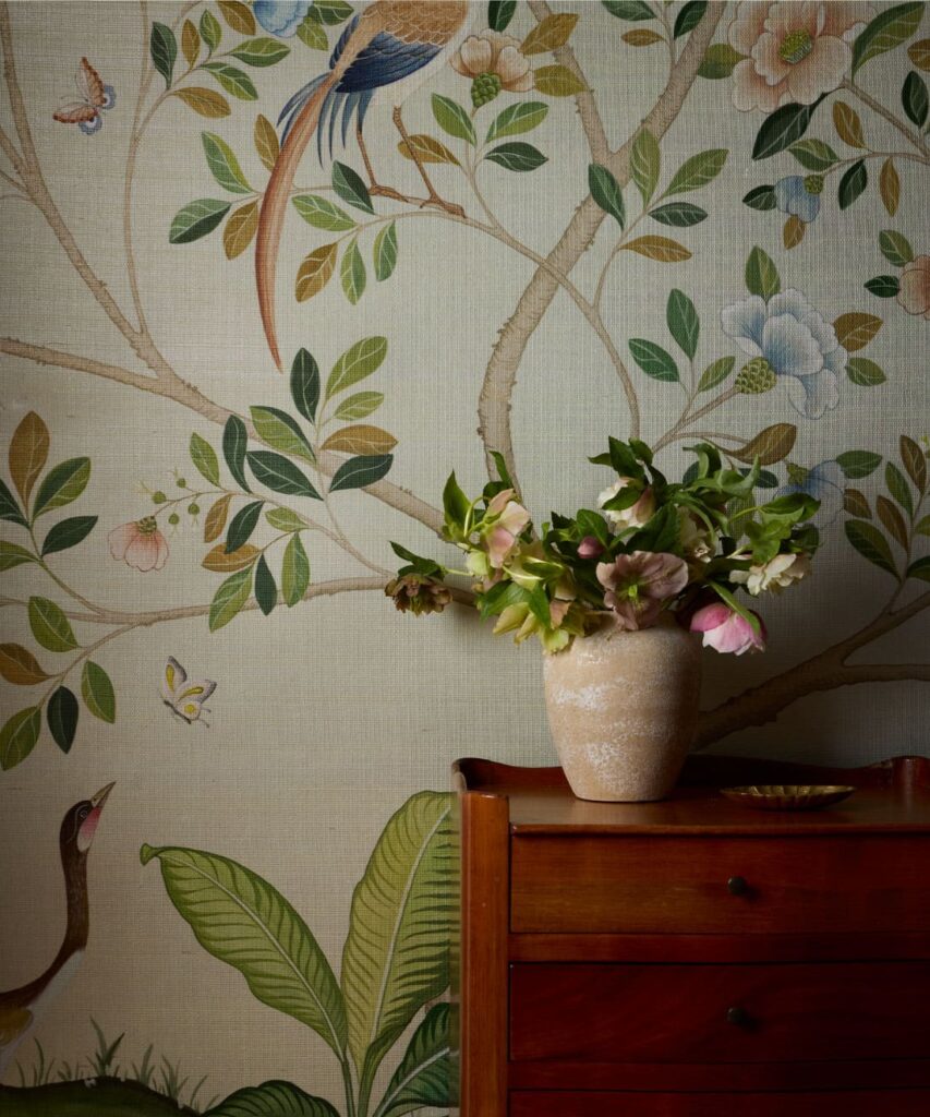 Spring Landscape Grasscloth Wallpaper - Colorway: Beige - Insitu