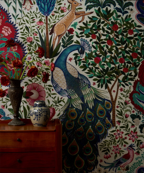 Peacock Garden Grasscloth Wallpaper - Colorway: Ruby - Rich Traditions Collection - Insitu