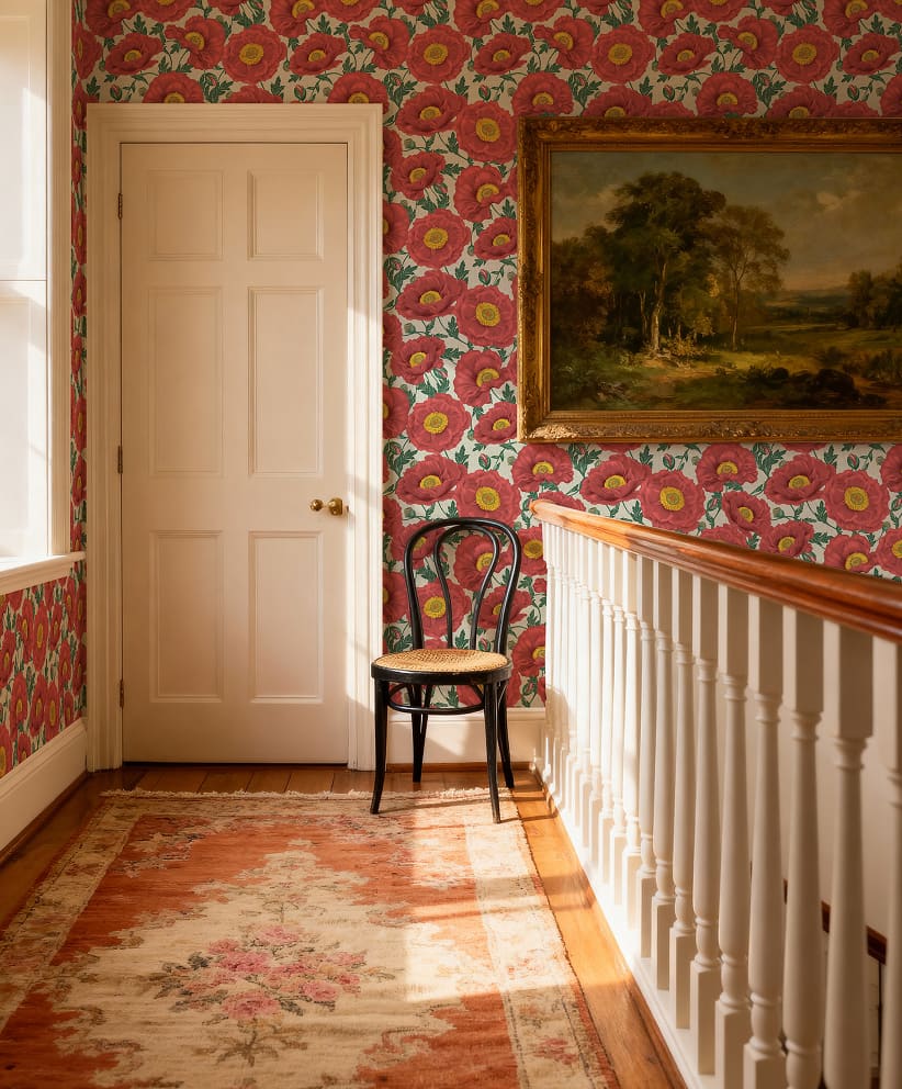 Magic Garden Collection by Kingdom Home - Papaver Wallpaper - Colourway: Vermilion Grove - Collection image - 822by992