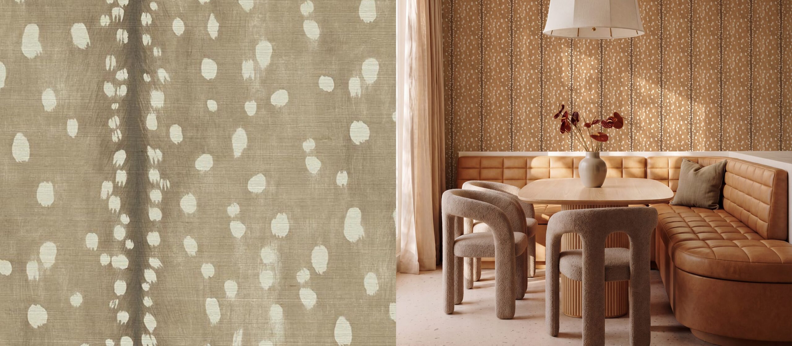 Fawn Spot grasscloth wallpaper featured in a room and a closeup of the wallpaper texture